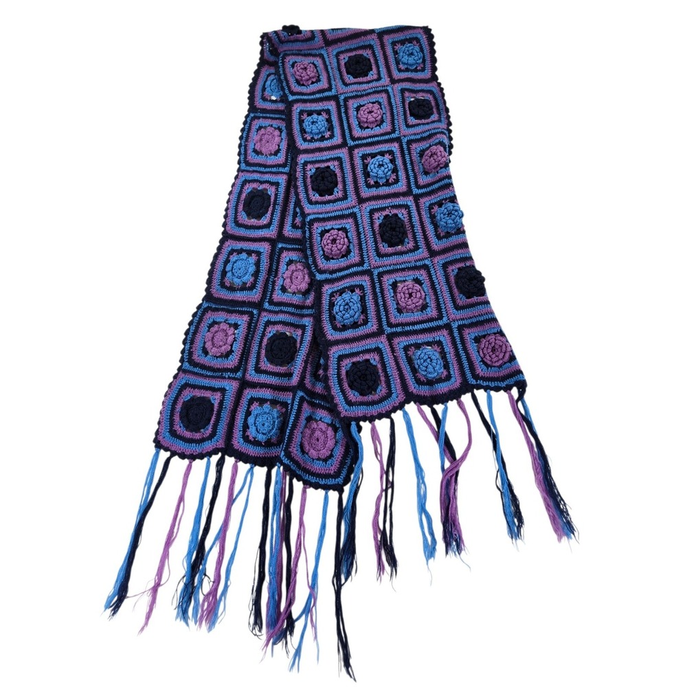 American Eagle Outfitter Hand Knitted Scarf Purple Blue Flowers Fringe Crocheted